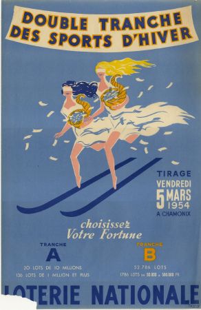 DOUBLE TRANCHE DES SPORTS D'HIVER (CHAMONIX) - affiche de la Loterie Nationale par Tauzin (1954)