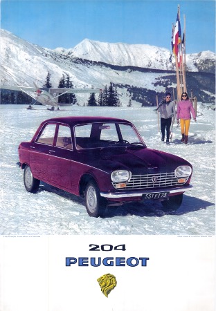 PEUGEOT 204 AU SKI A MERIBEL - affiche publicitaire originale (ca 1968)