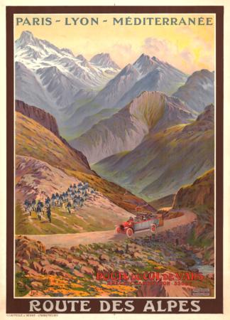 PARIS-LYON-MEDITERRANEE - ROUTE DES ALPES - ROUTE DU COL DE VARS - affiche originale par Em. Brun (1912)